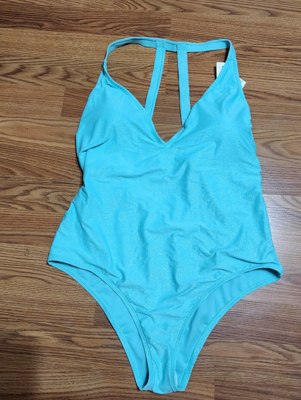 NWT Wallflower XL Aqua Shimmer One Piece Swimsuit Strappy Back Plunge Sparkle
